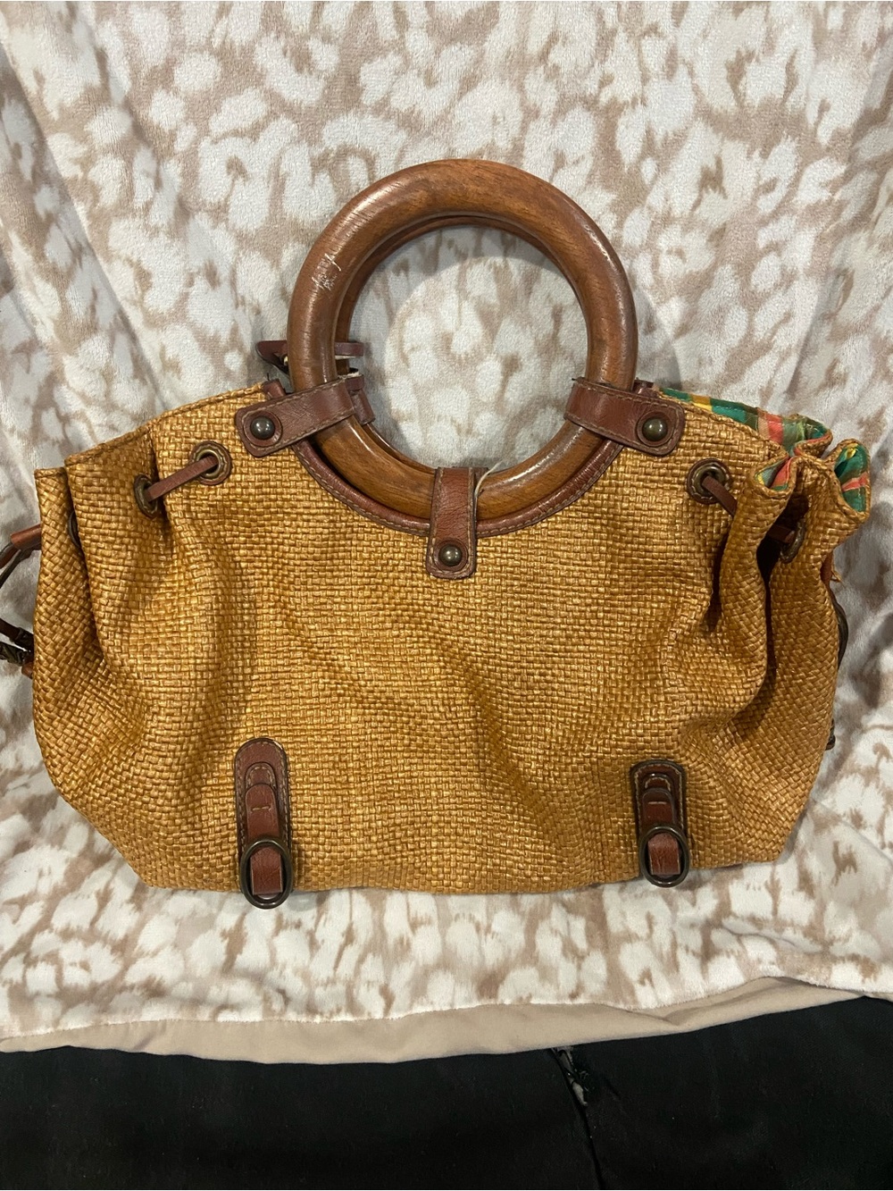 Fossil Mustard Woven Tote with Wooden Ring Handles